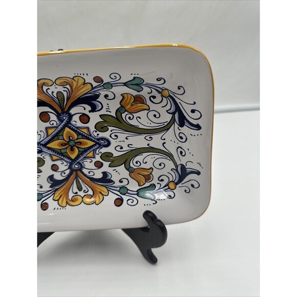 Italy Nova Deruta Rectangular Platter White With Blue Yellow & Green 10" x 6.5" - Picture 3 of 5